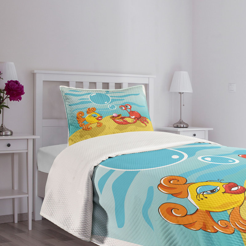 Ambesonne Cartoon Bedspread Set 2 Pcs Fish Crab Cartoon Twin Yellow Red and Blue